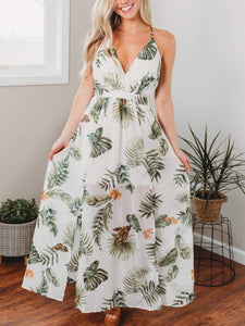 Women V-neck Strap Tropical Print Maxi Dress for Holiday