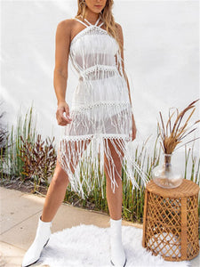 Sexy Halter Pure Color Fringe Midi Dresses