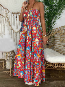 Printing Tube Top Cotton-Blend Sleeveless Floral Maxi Dress