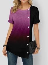 Load image into Gallery viewer, Color Gradient Asymmetric Hem Button Detail Short Sleeve T-Shirts