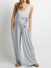 Load image into Gallery viewer, Sleeveless V-neck Solid Color Sash Tie Maternity Jumpsuit