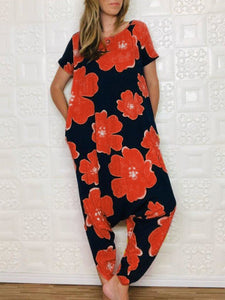 Loose Crew Neck Short Sleeve Floral Print Jumpsuit