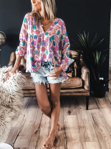 V-Neck Print Loose Long Sleeve T-Shirt