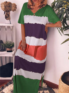 Rainbow Contrast V Neck Loose Maxi Dresses