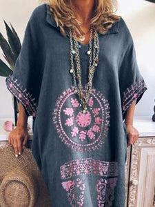 Print Three-Quarter Sleeve V-Neck Straight Pullover Dress