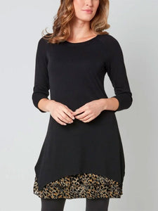 High-necked Leopard Print Stitching Sleeve Long-sleeved Long T-shirt