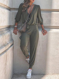 Simple Casual Loose V-Neck Top Pants Two Piece Set