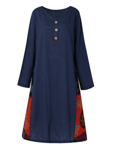 Round Neckline Mid-Length Long-Sleeved Hem A-Word Dress