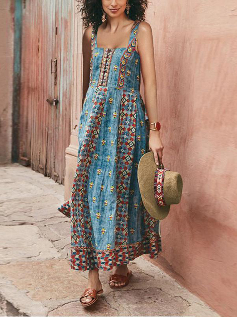 Vintage Sling Print Dress Sleeveless Boho Maxi Dress