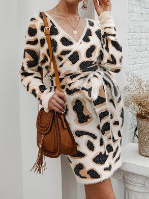 Leopard Print Long Sleeve Lace Up Maternity Dress