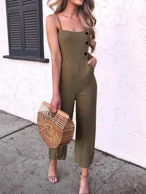 Solid Button Pocket Design Sleeveless Jumpsuit