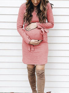 Solid Knit Lace Up Long Sleeve Round Neck Maternity Dress