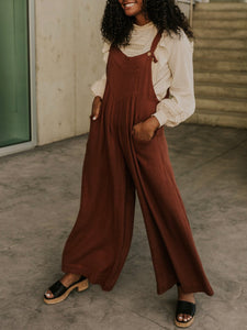 Wide-leg Adjustable Button Straps Side Pockets Jumpsuit