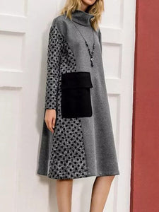 High Collar Polka Dot Stitching Long Sleeve Dress