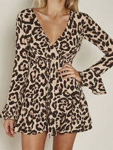 Load image into Gallery viewer, V-neck Leopard Trumpet Sleeve Dress