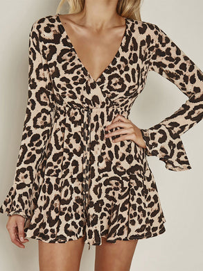 V-neck Leopard Trumpet Sleeve Dress