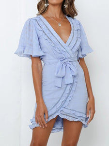 Deep V Short Sleeve Lace Irregular Dress