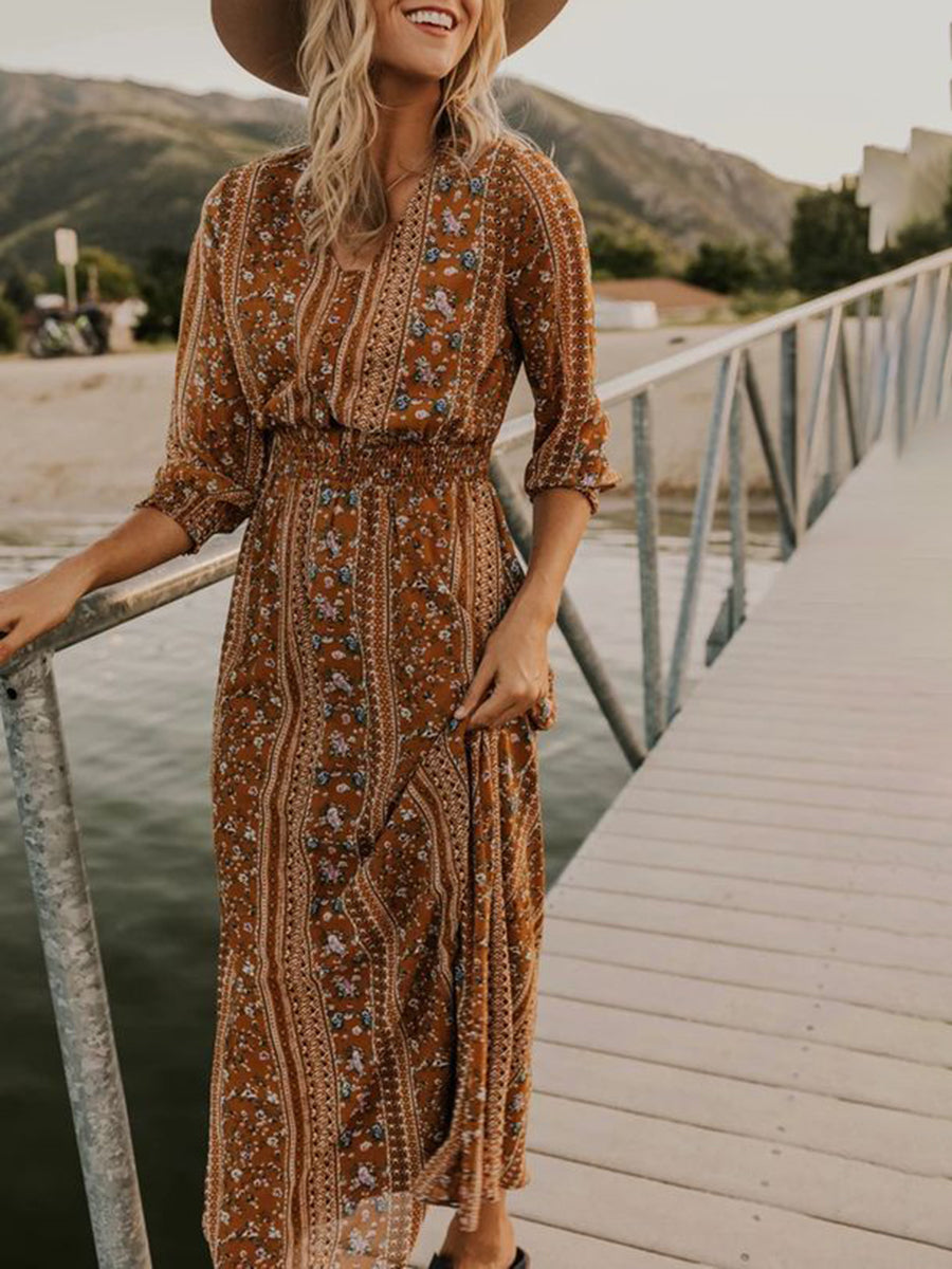 Stylish Bohemian Print V-Neck Cropped Sleeve Dress