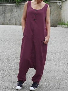 Sleeveless Solid Color Button Long Jumpsuit Overalls