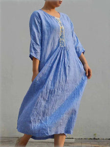 Embroidered 3/4 Sleeves Casual Linen Dresses