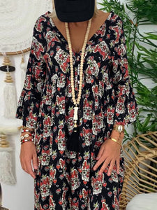 Printed V-neck Long Sleeve Dress