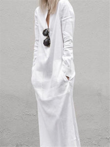 Casual Loose Long Sleeve V-Neck Pocket Linen Maxi Dress