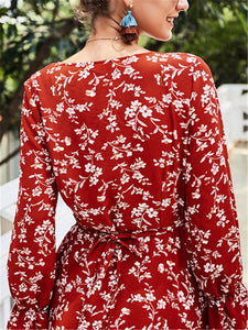 Long Sleeve V-neck Floral Dress