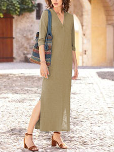 Temperament V-Neck Loose Short-Sleeved Solid Color Casual Dress