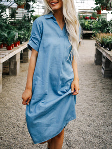 Women Chic Loose V-neck Mid-sleeve Shirt Midi Dress