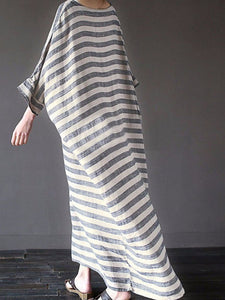 Vintage Cotton and Linen Striped Robes Literary Loose Long Dress