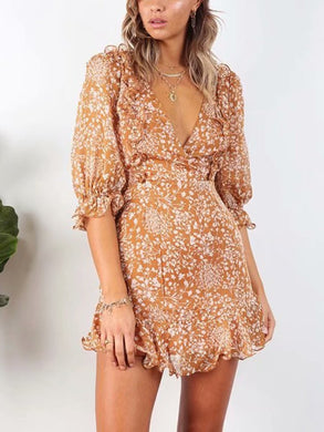 V-neck cropped sleeves chiffon ruffled dress