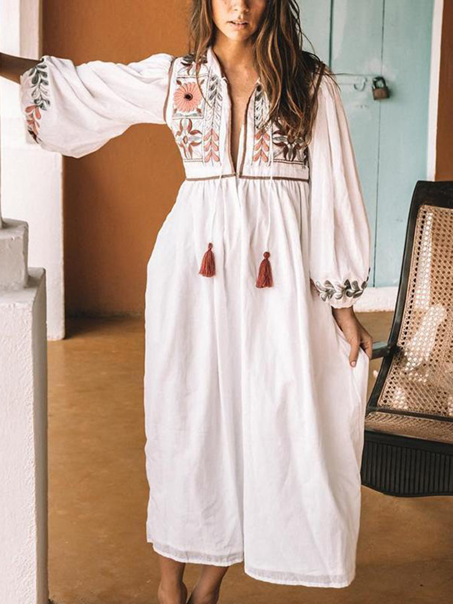 Casual V Neck Bracelet Sleeve Tassel Long Dress