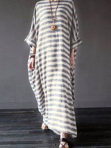 Vintage Cotton and Linen Striped Robes Literary Loose Long Dress