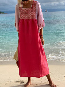 3/4 Sleeve Square Neck Paneled Boho Maxi Dresses