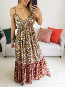 V-neck Floral Panel Sleeveless Leisure Bohemia Maxi Dress