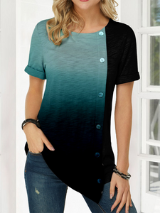 Color Gradient Asymmetric Hem Button Detail Short Sleeve T-Shirts