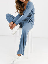 Load image into Gallery viewer, Loose Casual Long-Sleeved V-Neck Top Wide Leg Pants Knitted Suit