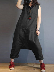 Solid Color Sleeveless V Neck Loose Button Jumpsuit Overalls