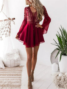 Sexy Mini Dress With Lace V Neck Flared Sleeves