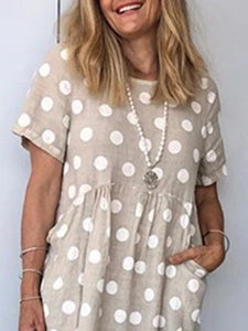 Polka Dot Short-sleeved Cotton and Linen Casual Dress