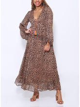 Load image into Gallery viewer, V-Neck Long Sleeve Leopard Print Waistband Maxi Dress