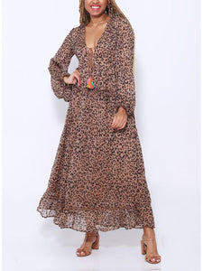 V-Neck Long Sleeve Leopard Print Waistband Maxi Dress