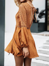 Load image into Gallery viewer, Bohemian Open Back Lace Long Bell Sleeve Mini Dress