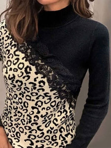 Leopard Print Paneled Turtleneck Long Sleeve Top