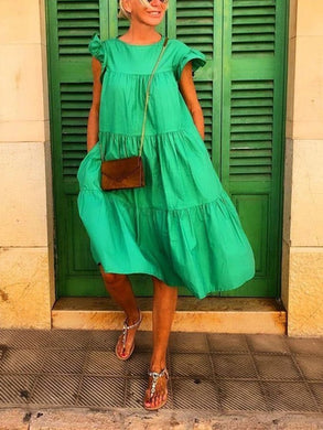 Ruched Short Sleeve Solid Color Loose Puff Dress