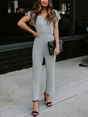 Casual Short-Sleeved V-Neck Jumpsuit