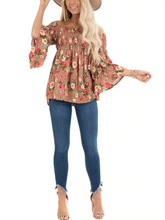 Load image into Gallery viewer, Floral Print Smocked Off The Shoulder Bell Sleeves Top