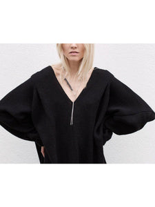 Lantern Sleeve V-Neck Long Sweater Dress