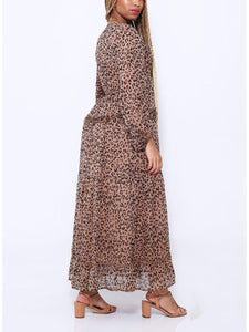 V-Neck Long Sleeve Leopard Print Waistband Maxi Dress