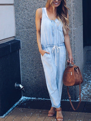 Women's Casual Drawstring Denim Sleeveless Jumpsuit